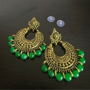 Ethnic Indian Wear Green and Gold Statement Earrings